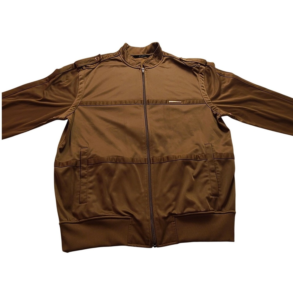 Sean John Men's XL Brown Full Zip Track Jacket Epaulets Gold Hardware Streetwear